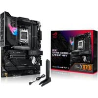 ASUS ROG STRIX X870E-E Gaming motherboard, black with RGB lighting, AM5 socket, ATX form, includes WiFi antenna.