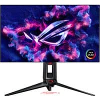ASUS ROG Swift OLED PG27AQDP monitor, 26.5", sleek black design, vibrant display with ROG logo, sturdy V-shaped stand.