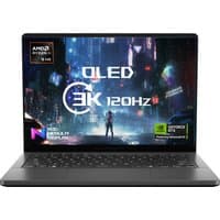 ASUS ROG Zephyrus G14 laptop with 14-inch display, black keyboard, Ryzen AI 9 HX, and NVIDIA GeForce graphics.