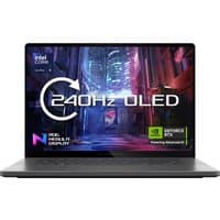 ASUS ROG Zephyrus G16 laptop, sleek black design, 240Hz OLED display, Intel Core Ultra 9, NVIDIA GeForce RTX graphics.