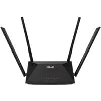 Black ASUS RT-AX53U wireless router with four antennas, dual-band capability, and Gigabit Ethernet ports.