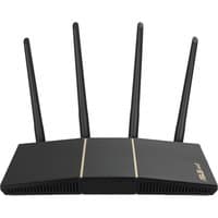 Black ASUS RT-AX57 wireless router with four antennas, dual-band capability, and sleek design.