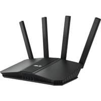 Black ASUS RT-BE82U BE6500 wireless router with four vertical antennas and sleek, angular design.