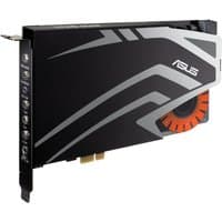 Black ASUS STRIX SOAR PCI-E sound card with angular silver accents and orange fan, featuring 7.1 channel support.