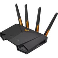 Black ASUS TUF-AX4200 wireless router with four angular antennas and orange accents.