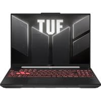 ASUS TUF Gaming A16 laptop, black with red backlit keyboard, large display, and bold "TUF" logo on screen.
