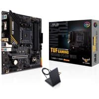 ASUS TUF GAMING A520M-PLUS WIFI micro ATX motherboard, black with yellow accents, includes antenna and branded box.
