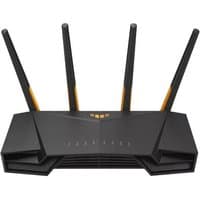 Black ASUS TUF Gaming AX3000 V2 router with four antennas, orange accents, dual-band capability.