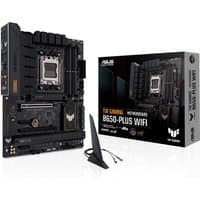 ASUS TUF GAMING B650-PLUS WIFI motherboard, black with silver accents, AM5 socket, ATX form factor, includes antenna.