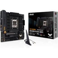 ASUS TUF GAMING B650M-PLUS WIFI micro ATX motherboard with black heatsinks, AM5 socket, and WiFi antenna.