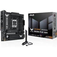 ASUS TUF GAMING B850M-PLUS WIFI micro ATX motherboard, black with silver accents, includes antenna and branded box.