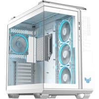 White ASUS TUF GAMING GT502 Horizon TG ARGB Midi Tower with glass panels and blue-lit cooling fans.