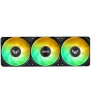 ASUS TUF Gaming LC III 360 ARGB liquid cooler with three 12 cm black fans featuring vibrant RGB lighting.