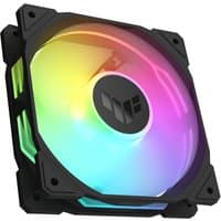 ASUS TUF Gaming TR120 ARGB Fan, 12 cm, black frame, multicolor LED lights, square design with central logo.