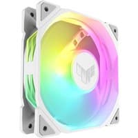 White ASUS TUF GAMING TR120 ARGB 12 cm air cooler with rainbow LED lighting and geometric fan design.