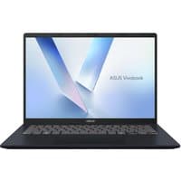 ASUS Vivobook 14 laptop with sleek black design, thin bezels, and illuminated keyboard, displaying a geometric wallpaper.