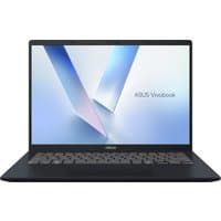 ASUS Vivobook 14 laptop with black chassis, silver keyboard, and vibrant display showing geometric design.