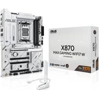 ASUS X870 MAX GAMING motherboard, white with black accents, WiFi antenna, and AM5 socket, next to branded box.