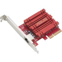 Red ASUS XG-C100C V3 Ethernet card with heat sink, PCIe connector, and single RJ45 port.