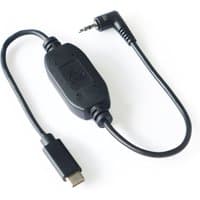 Black Atomos USB C to 2.5 mm LANC cable gender changer with right-angle connector and compact design.
