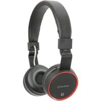 Black Av:link foldable Bluetooth headphones with red trim, cushioned ear pads, and built-in mic.