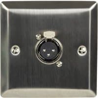 Steel wallplate with XLR socket, brushed finish, square shape, and four mounting screws.