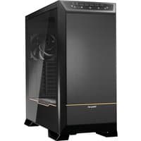 Black full tower PC case with tempered glass side panel, top I/O ports, and subtle gold accent by be quiet!