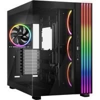 Black full tower PC case with RGB lighting, tempered glass side panel, and multiple cooling fan slots.