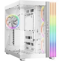 White full tower PC case with RGB lighting, transparent side panel, and multiple cooling fans by be quiet!