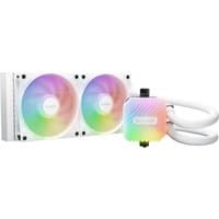 White 240mm liquid cooler with dual RGB fans and illuminated pump block, featuring braided tubing.