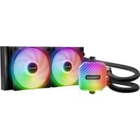 Black 240mm ARGB liquid cooler with dual rainbow-lit fans and striped pump block by be quiet!