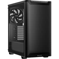 Black be quiet! PURE BASE 501 Airflow Window Midi Tower with mesh front panel, side window, and rear cooling fan.
