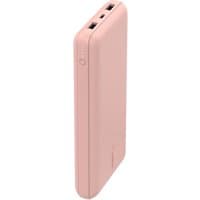 Rose gold Belkin power bank, 20000 mAh, slim rectangular design with dual USB ports and LED indicator lights.
