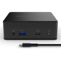 Black Belkin USB-C dual display docking station with USB 3.2 Gen 1 ports and Type-C connector cable.