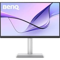 BenQ 27" MA270UP 4K glossy monitor for MacBook, slim bezels, silver stand, vibrant display with purple and pink hues.