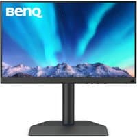 BenQ Creative Pro SW272Q 27" monitor with thin bezels, black stand, displaying vibrant aurora over snowy mountains.