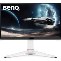 BenQ MOBIUZ EX271U 27" 4K UHD gaming monitor, slim bezels, white stand, displaying a spaceship and cosmic scene.