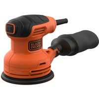 Orange Black & Decker disc sander with black grip and dust bag, 13000 RPM, compact design.
