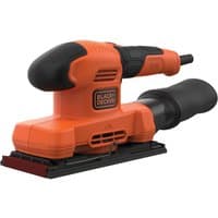 Orange Black + Decker sheet sander with black grip handle, rectangular sanding base, and dust collection bag.
