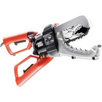 Red and silver Black + Decker powered lopper with alligator jaw design and dual handles.