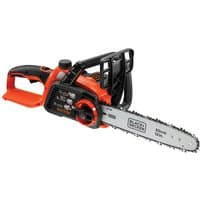 Black + Decker cordless chainsaw, orange and black, 36V, with 2.0Ah battery and 30cm cutting bar.