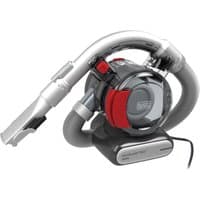 Black + Decker car vacuum with flexible hose, red accents, and transparent dust container.