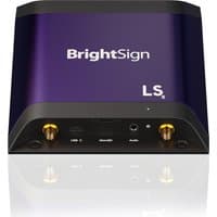 Black and purple BrightSign LS445 digital media player with 4K Ultra HD, Wi-Fi, USB, and audio ports.