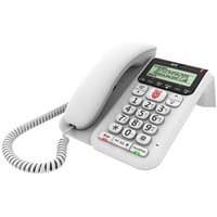 White BT Decor 2600 landline phone with large buttons, LCD screen, and coiled cord.