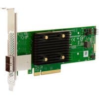 Green Broadcom HBA 9500-8e adapter card with black heatsink and gold connectors