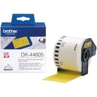 Brother DK-44605 yellow printer label roll with black text, in box with blue top and label roll partially extended.