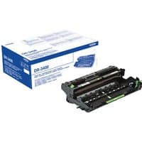 Brother DR-3400 printer drum, black with green accents, shown with blue and white packaging box.