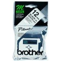 Brother 12mm black on white label-making tape in blister pack with P-touch branding and Brother logo.