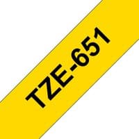 Yellow Brother Labelling Tape 24mm with black text "TZE-651" diagonally across.