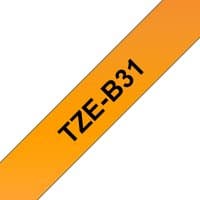 Orange Brother laminated tape 12mm with black text "TZE-B31" diagonally across the tape.
